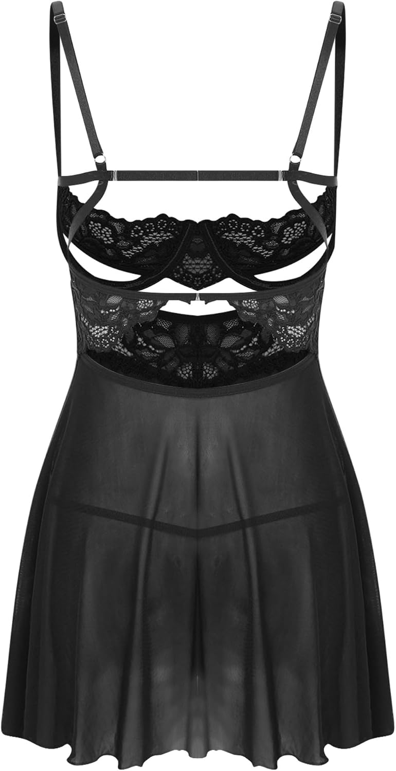 FEESHOW Floral Lace Trim for Women's Babydoll Nightdress Hollow Out Sheer See-through with G-string