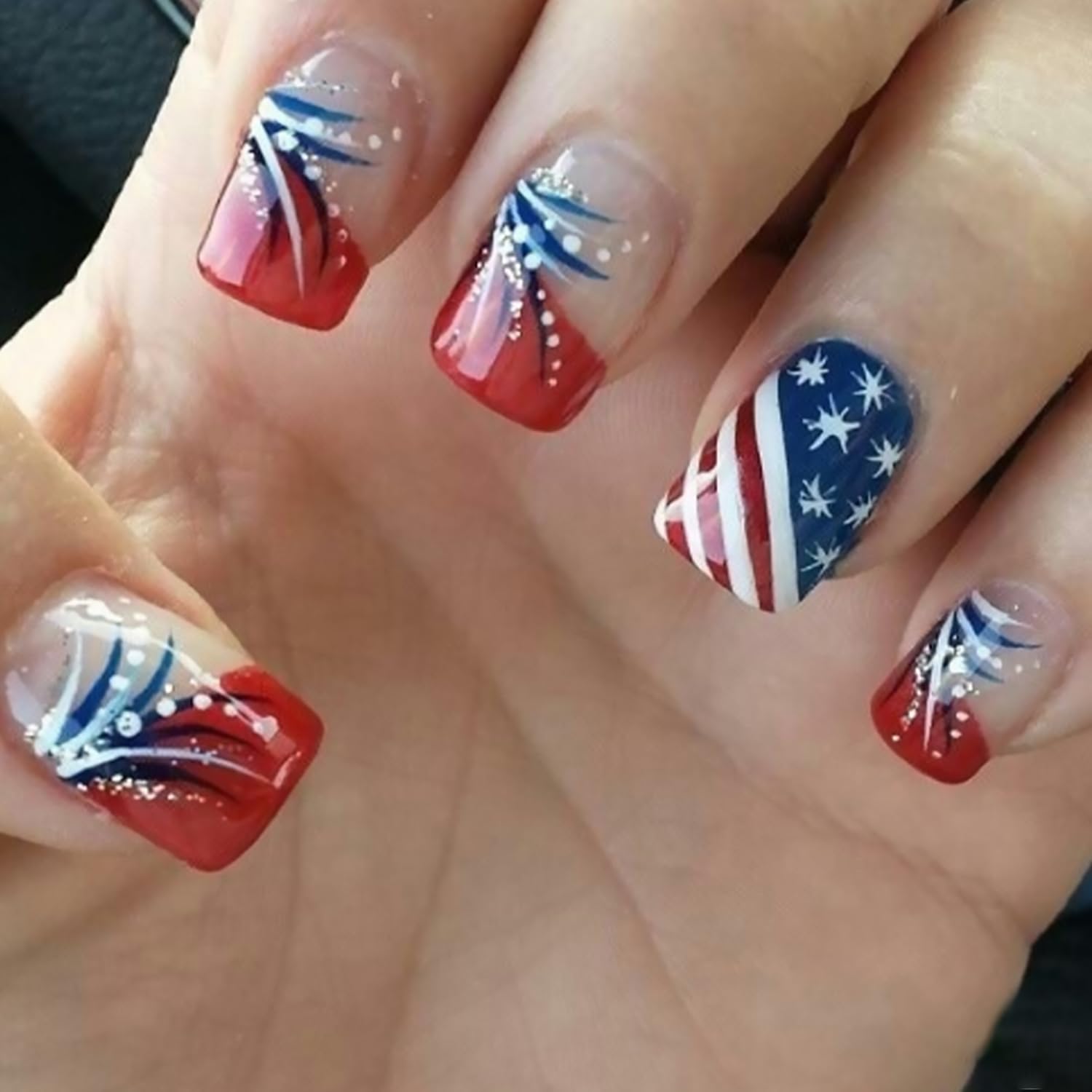 Tyuimhx 4th of July Press on Nails Short Square Independence Day Fake Nails Red French Tip False Nails With Blue White Stripe Designs Full Cover Stick