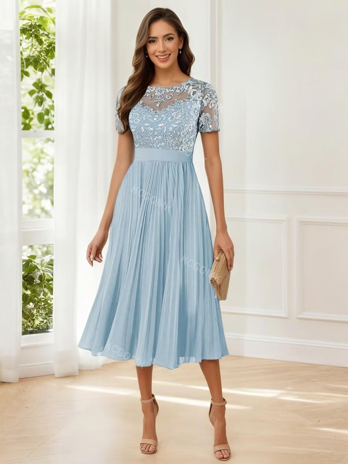Women's Tea Length Mother of The Bride Dresses with Sleeves Lace Appliques Chiffon Formal Wedding Guest Gowns