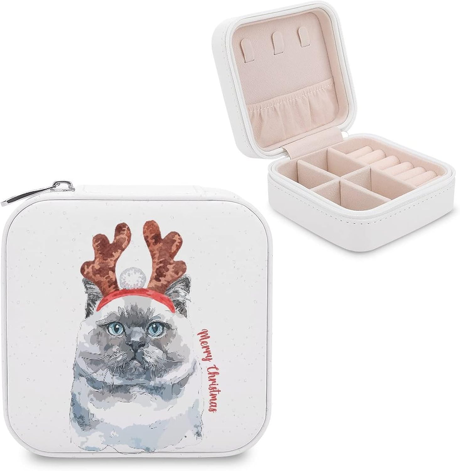 Christmas Cat with Antlers Jewelry Box Funny Pet Dog PU Small Portable Travel Case Holiday Organizer Display Storage Holder Box for Rings, Earrings, Necklaces, Bracelets Cat Owner Gift
