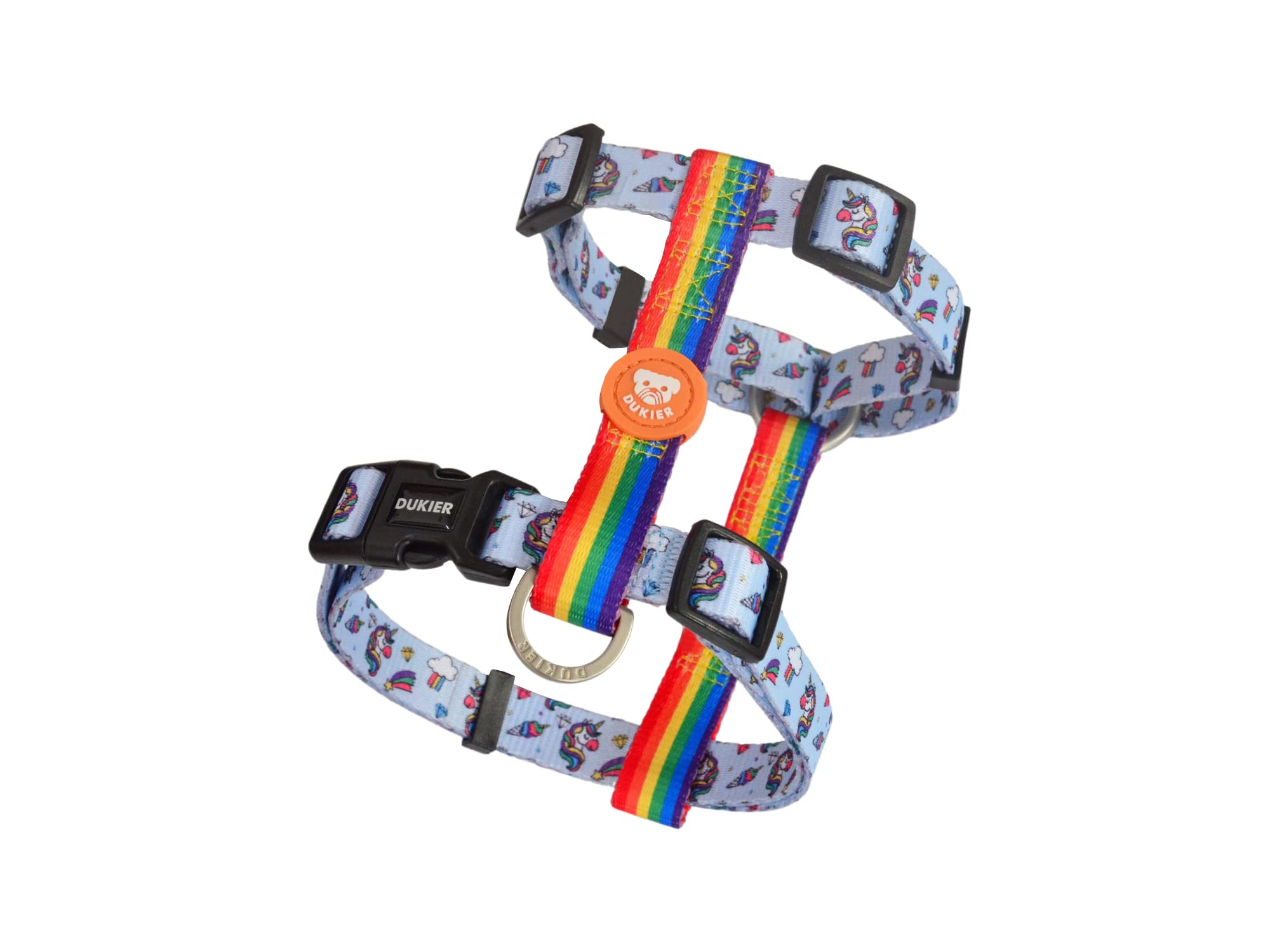 DUKIER - Arnés Clásico para Perro, Chaleco Antitirones, Ajustable y en Forma de H para Mascotas, Homologado, con Cierre de Seguridad de 4 Puntos, Diseño de Unicorns con Doble Impresión, Talla M