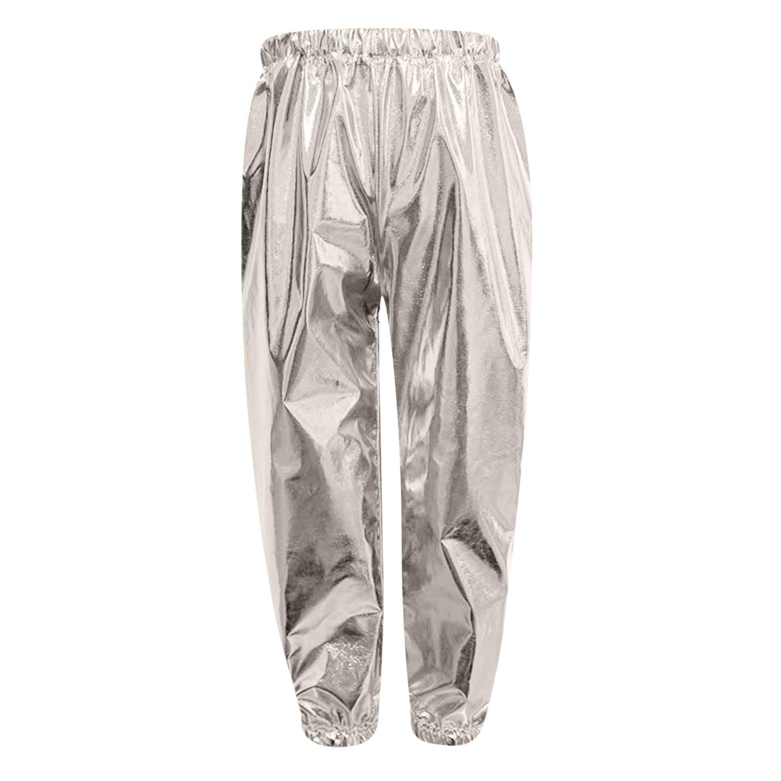 Kinder Glänzend Metallic Hose Mädchen Jungen Glitzer Silber Gold Hosen Tanzhose Glitzerhose High Waist Metallisch Paillettenhose Karneval Kostüm Party Disco Hose Glitzer Elastisch Hip Hop Tanzhose