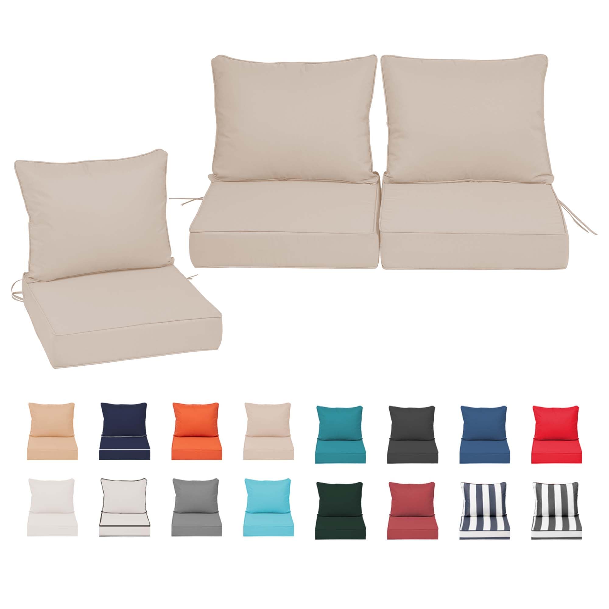 Waterproof Outdoor Patio Chair Cushions Set of 3, Deep Seat Cushions for Outdoor Furniture w/Fade Resistant Removable Cover, Ties & Handle for Outside Chair Sofa Couch,24x24x5 inches ,Khaki