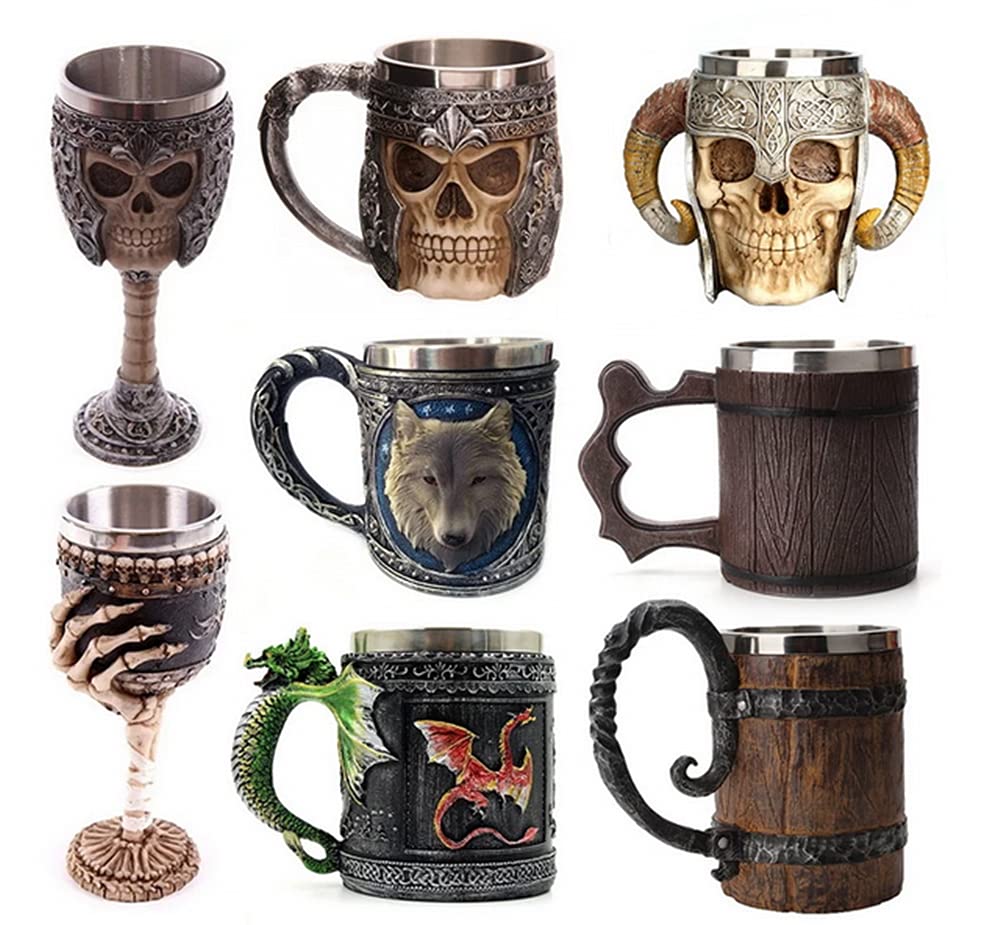 Stainless Steel Double Handle Horn Skull Beer Cup, Viking Warrior Skull Mug Tankard, Medieval Skull Drinkware Mug for Coffee/Beverage/Juice 17oz. (4)