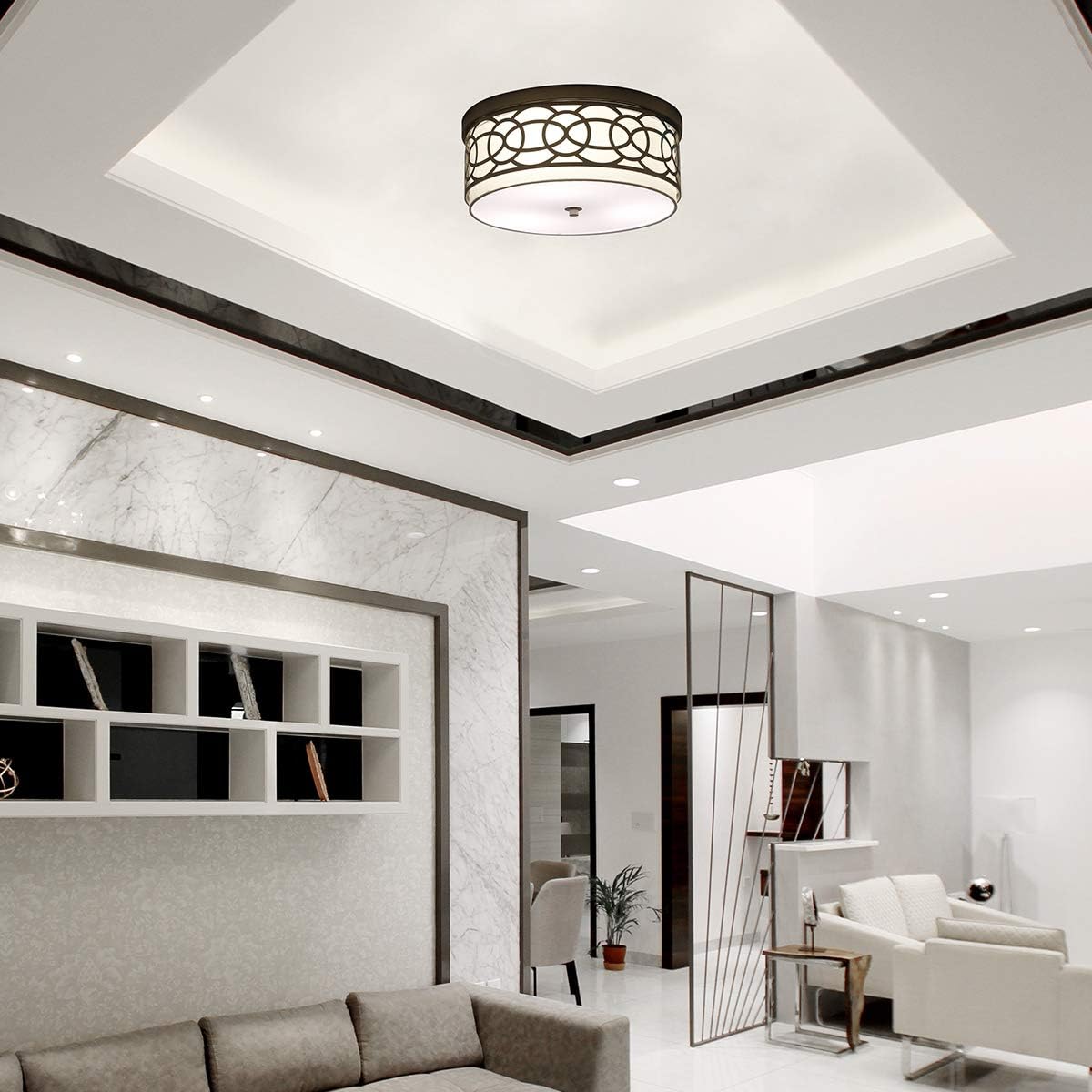Flash Deals - 70% OFF Flush Mount Ceiling Light, 3-Light Modern Entry Light Fixture, Metal Drum Shade + White Fabric Shade, Flush Mount Drum Light for Bedroom Dining Room Kitchen Hallway Foyer, Brushed Nickel Finish