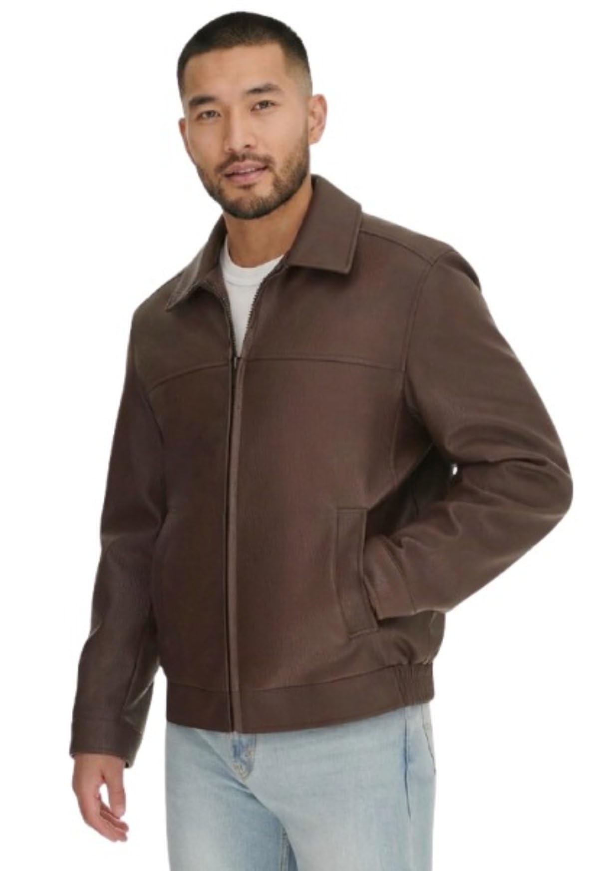 Fancyd Chaqueta de piel sintética marrón para hombre, chaqueta bomber de cuero vintage