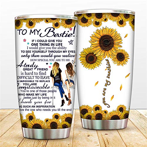HomeT Bestie Travel Mug We Are Best Friend Tumbler Cup Sunflower You Are My Sunshine Coffe Mug Sister Insulated Cup Sunflower Stainless Steel Vacuum Tumblers with Straw Lid, Friendship Tumbler 1-3