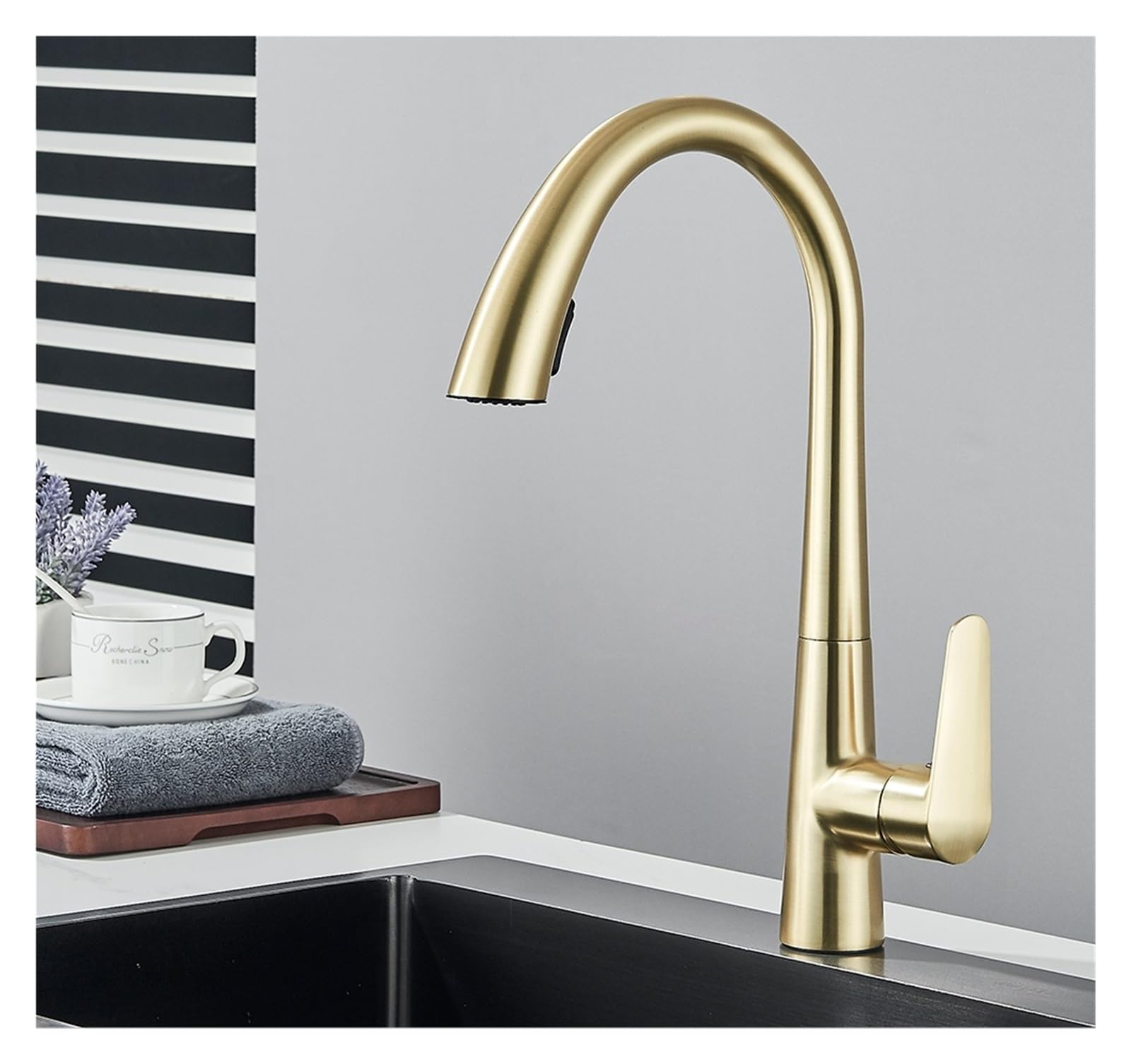 Robinet de cuisine noir et or rotatif 360 avec douchette extractible