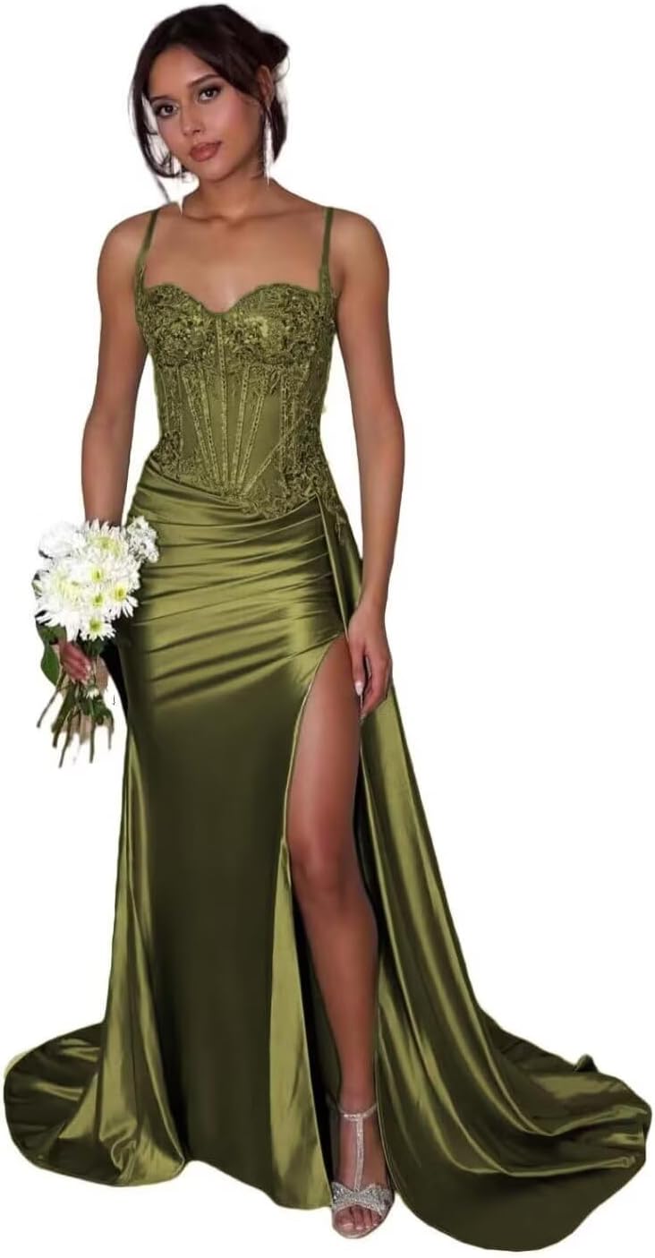 Satin Mermaid Prom Dress 2026 Lace Sequin Formal Dresses for Women Spaghetti Straps Long Ball Gown with Slit