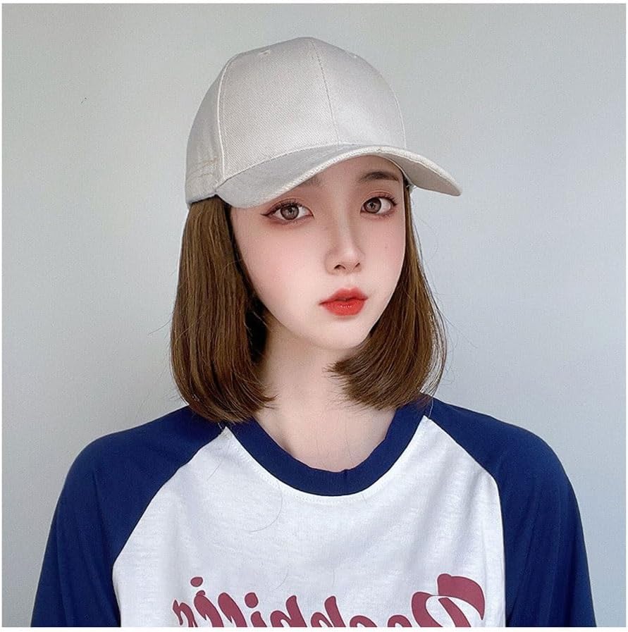 EARSHOT Wig Cap Baseball Cap Wig Women's Short Inner Buckle Bob Wig Hat One-Piece Peaked Cap Wig Baseball Cap with Hair Headband Wig Human Hair (Color : A)