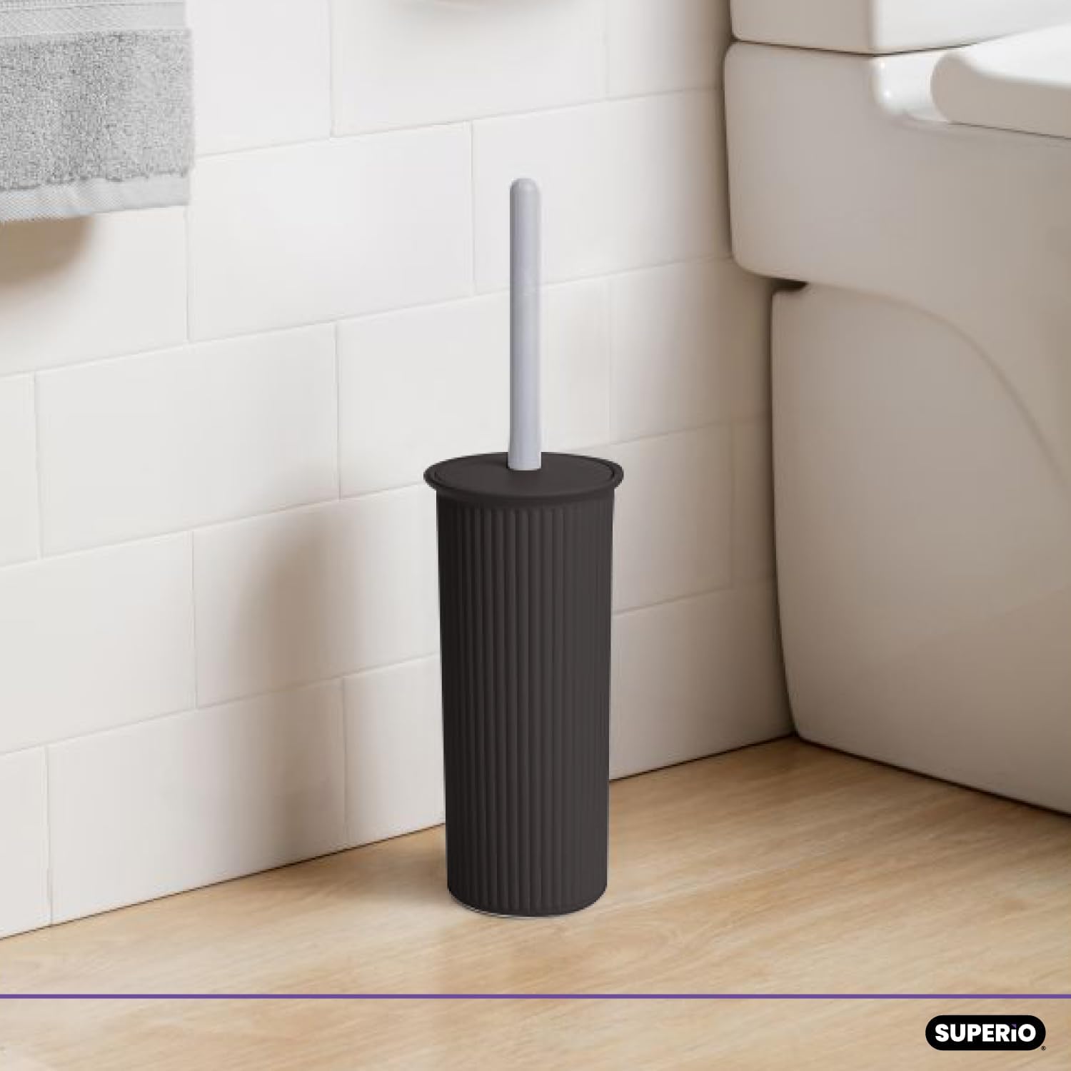 Decorative Plastic Toilet Bowl Brush and Holder Set, Brown (1 Pack) Cleaner Scrubber for Bathroom - Ribbed Design image 3