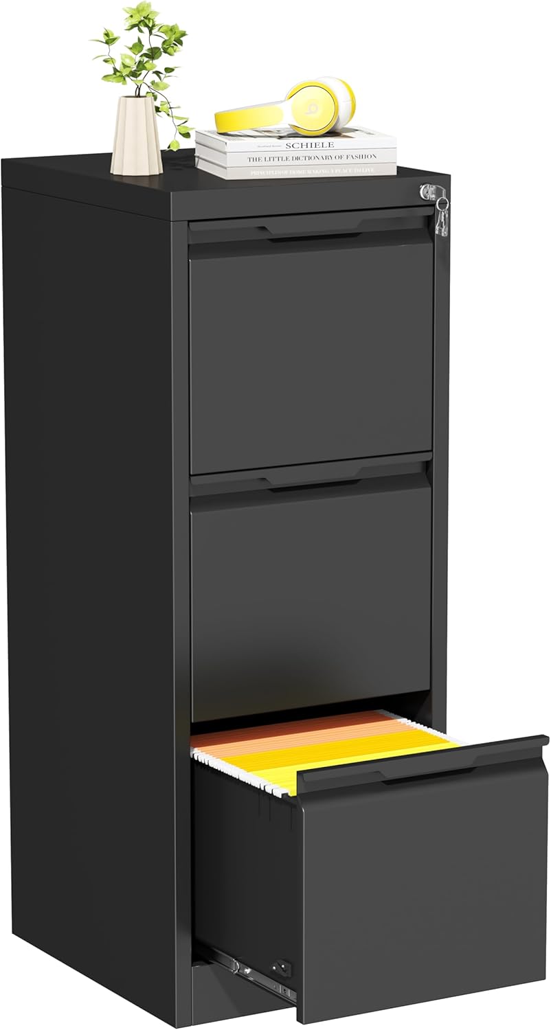 Bestoo 3-Drawer File Cabinet with Lock, Metal Filing Cabinet for Home Office, Vertical Filing Storage Cabinets, Fits File Folders, Letter/Legal/F4/A4 Size, Assembly Required (Black)