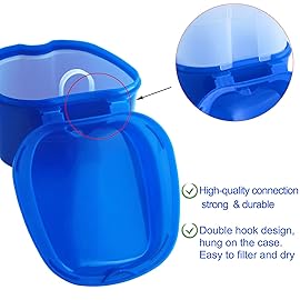 2 Pack Denture Bath Case Dental False Teeth Holder with Brush, Retainer Cleaning Case Denture Bath Cup Storage False Teeth Travel Case with Strainer - Purple and Dark Blue