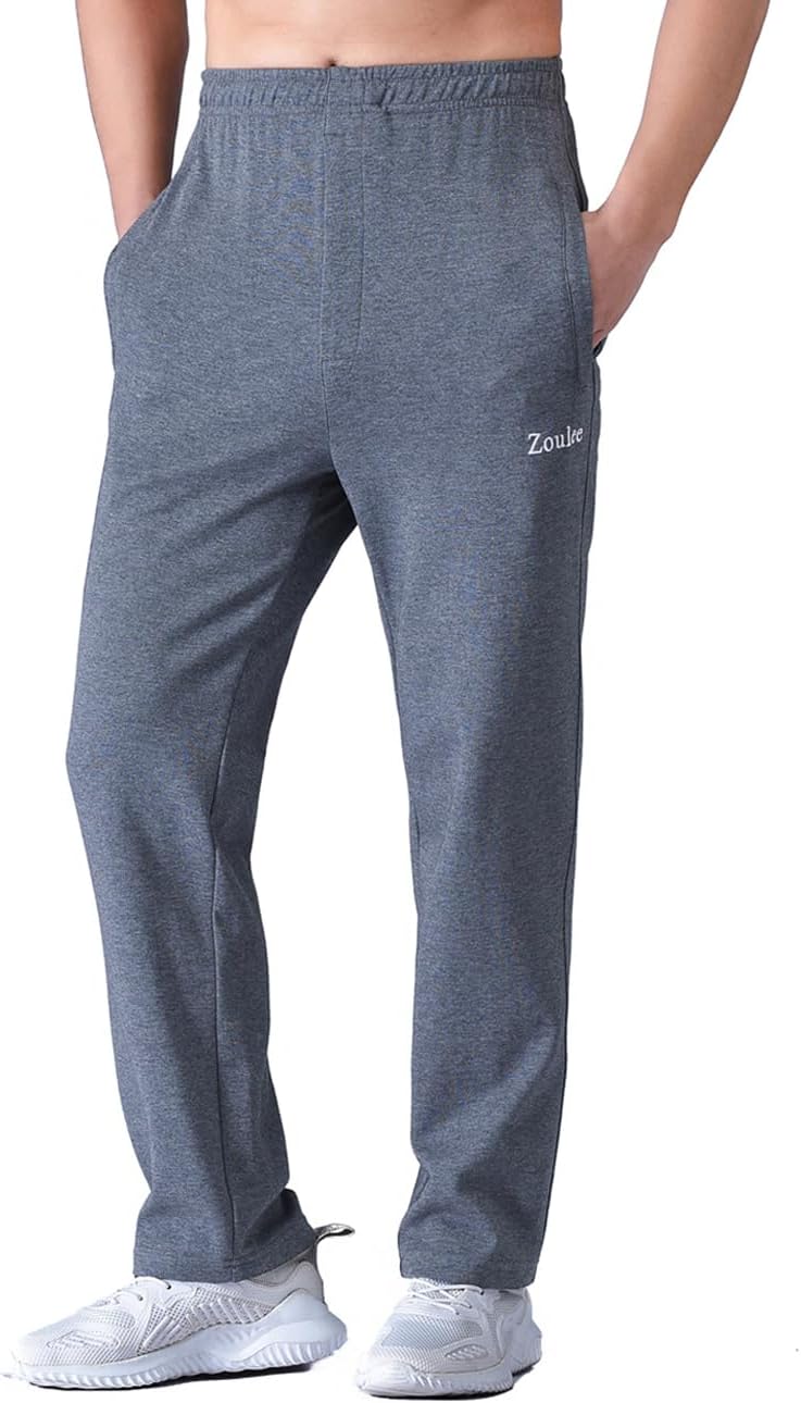 Zoulee Men's Open-Bottom Cotton Track Pants Sweatpants Jogging Pants with Zip Fly