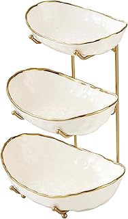 White Fruit Bowl with Gold Metal Stand, 3 Tier Modern Ceramic Fruit Bowl...