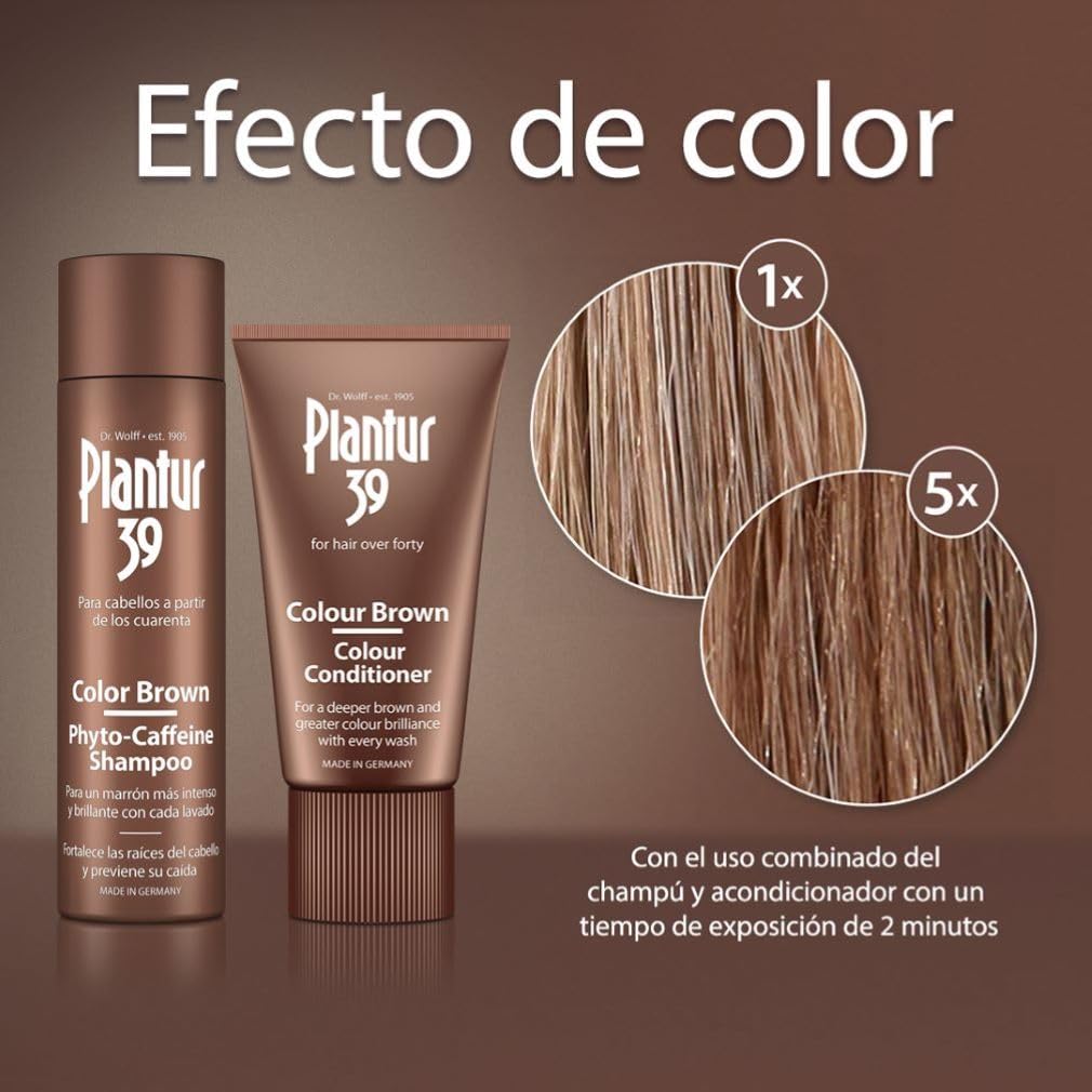 Champú de fitocafeína Plantur 39 color castaño, 250 ml + acondicionador, 150 ml – para un castaño profundo, contra la pérdida de cabello por la menopausia