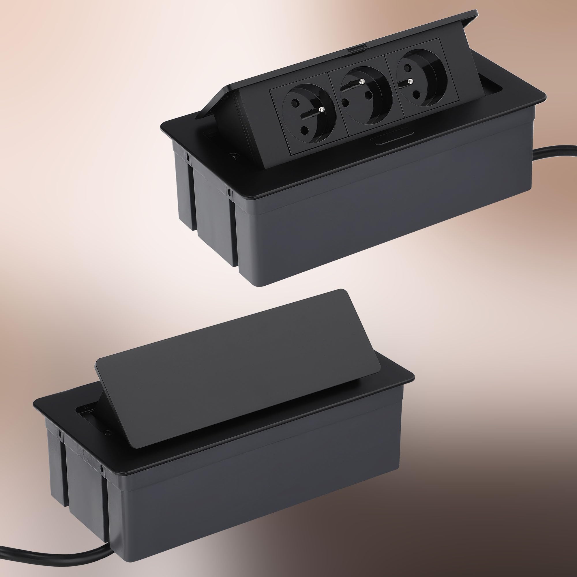 KOTARBAU® Toma de sobremesa empotrable con 3 enchufes, Regleta de Enchufe con Cable de 1,5 m, Toma múltiple para Mesa, Muebles o escritorios, Base múltiple para empotrar, Regleta retráctil, Negro