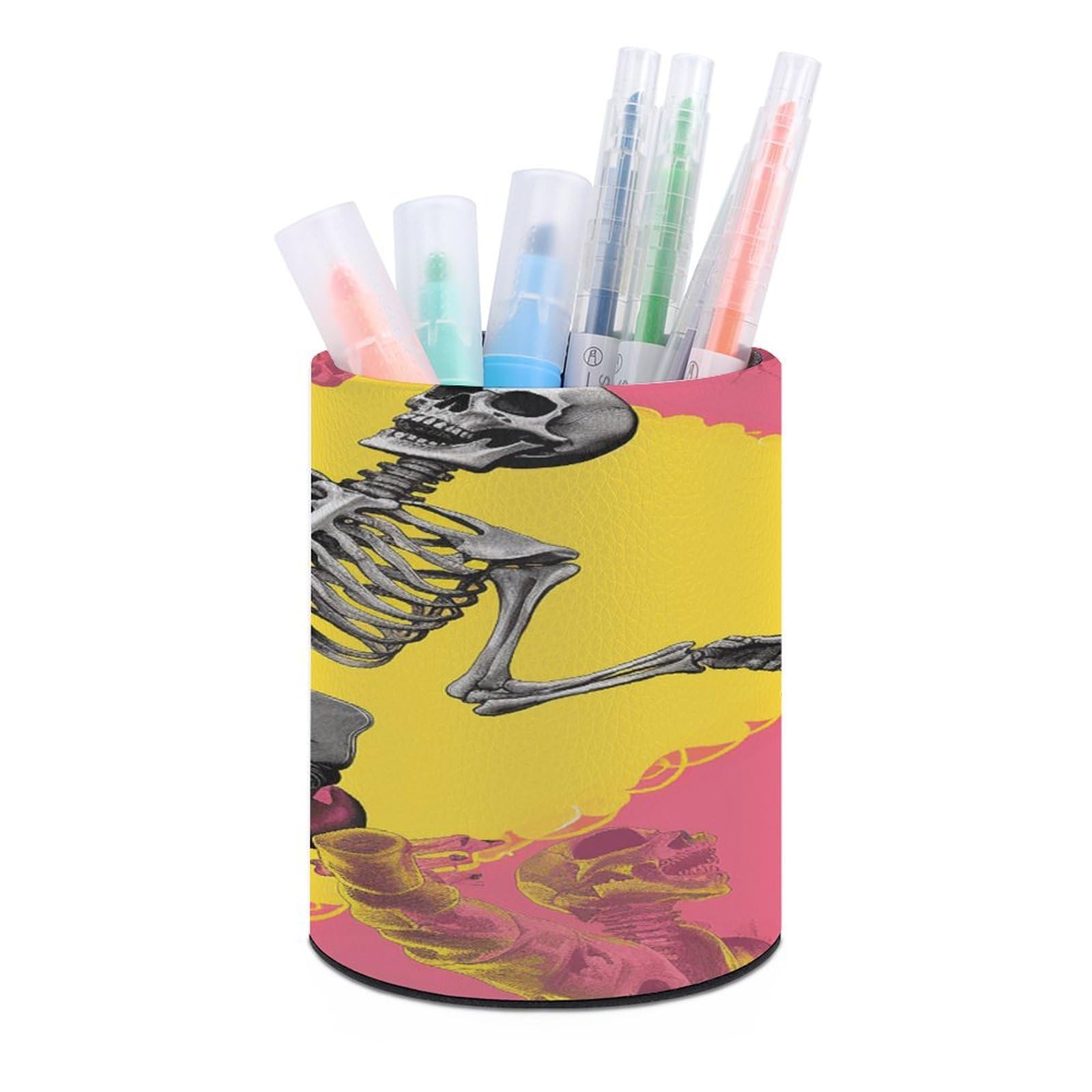 FekiLoot PU Leather Round Pen Holder Peach Skull Pencil Holder Desk Organizer Pen Organizer Pen Cup Pencil Cup Caddy Desktop Stationery Organizers for Office Home Supplies