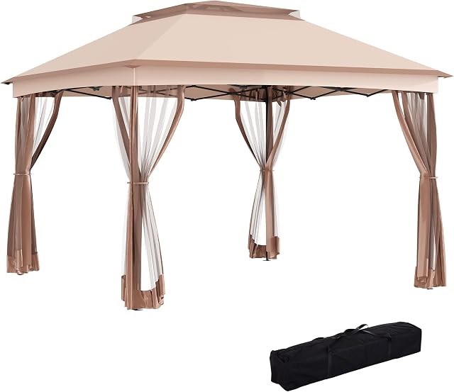 Outsunny 3 X 3(m) Meters Metal Gazebo Party Canopy Garden Pop Up Tent Outdoor Sun Shelter w/ Net Curtain Zipper Door - Khaki