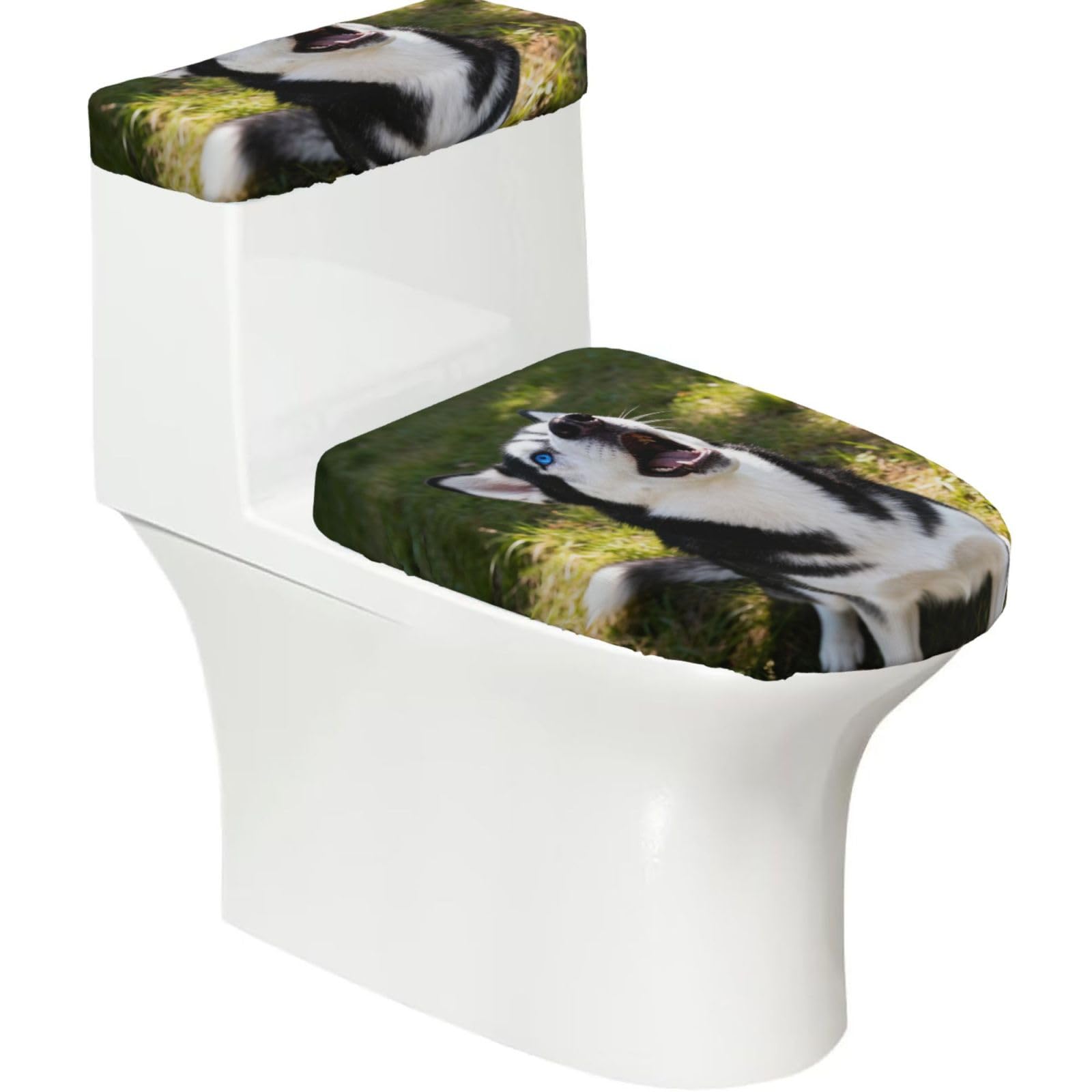 Husky Howling Face Elastic Toilet Cover Set of 2-Stretchy Lid and Tank Covers for Bathroom, Soft Washable U Shape Toilet Decor