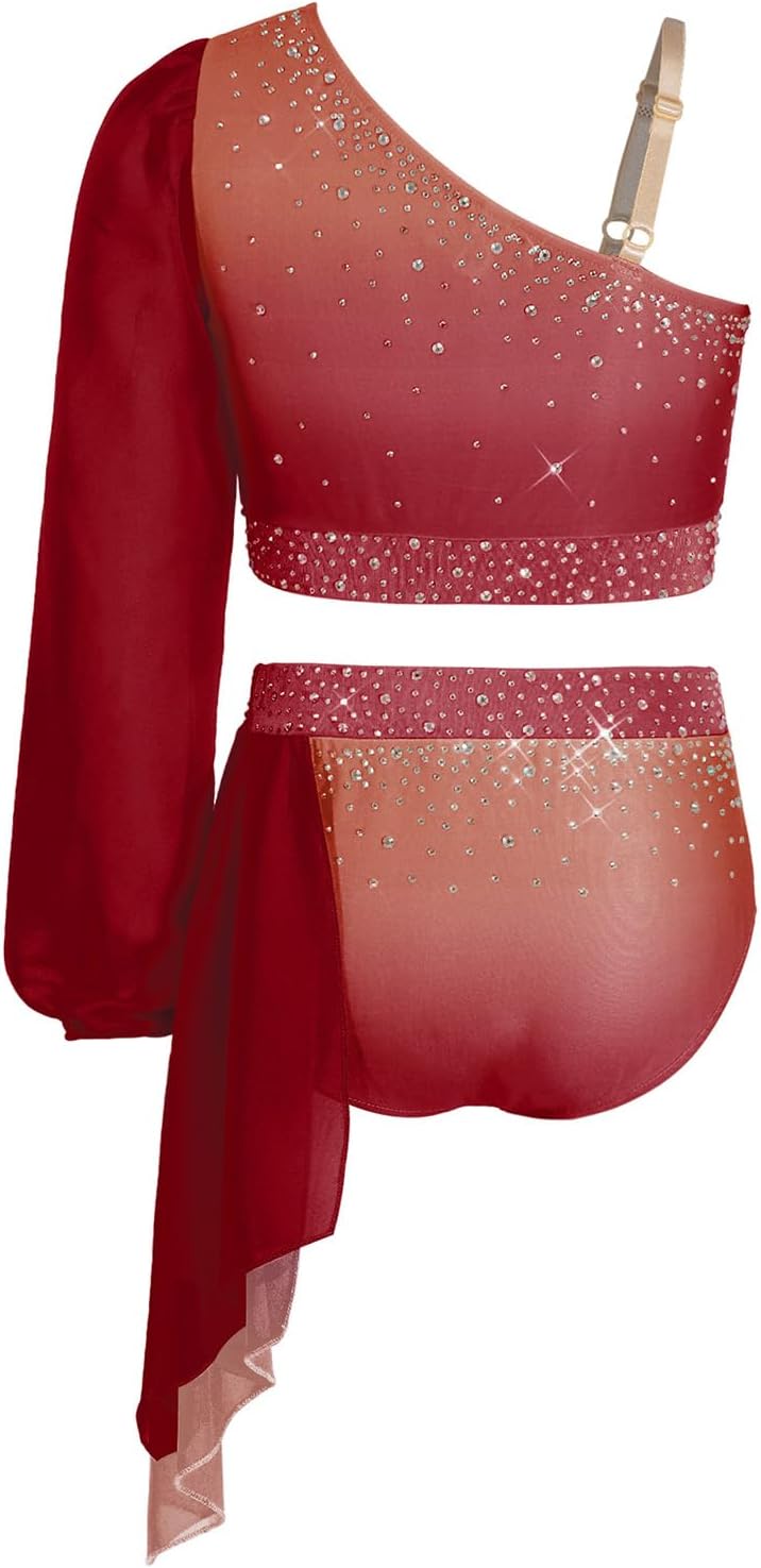 Oyolan Girls Jazz Dance Outfits Skating Clothing Sets Ice Wear | 2 Pieces Dance Outfits,Lyrical Ballroom Dancewear,One Shoulder Long Sleeve,Shiny Gradient Outfit,Sparkle Apparel,Skating Top