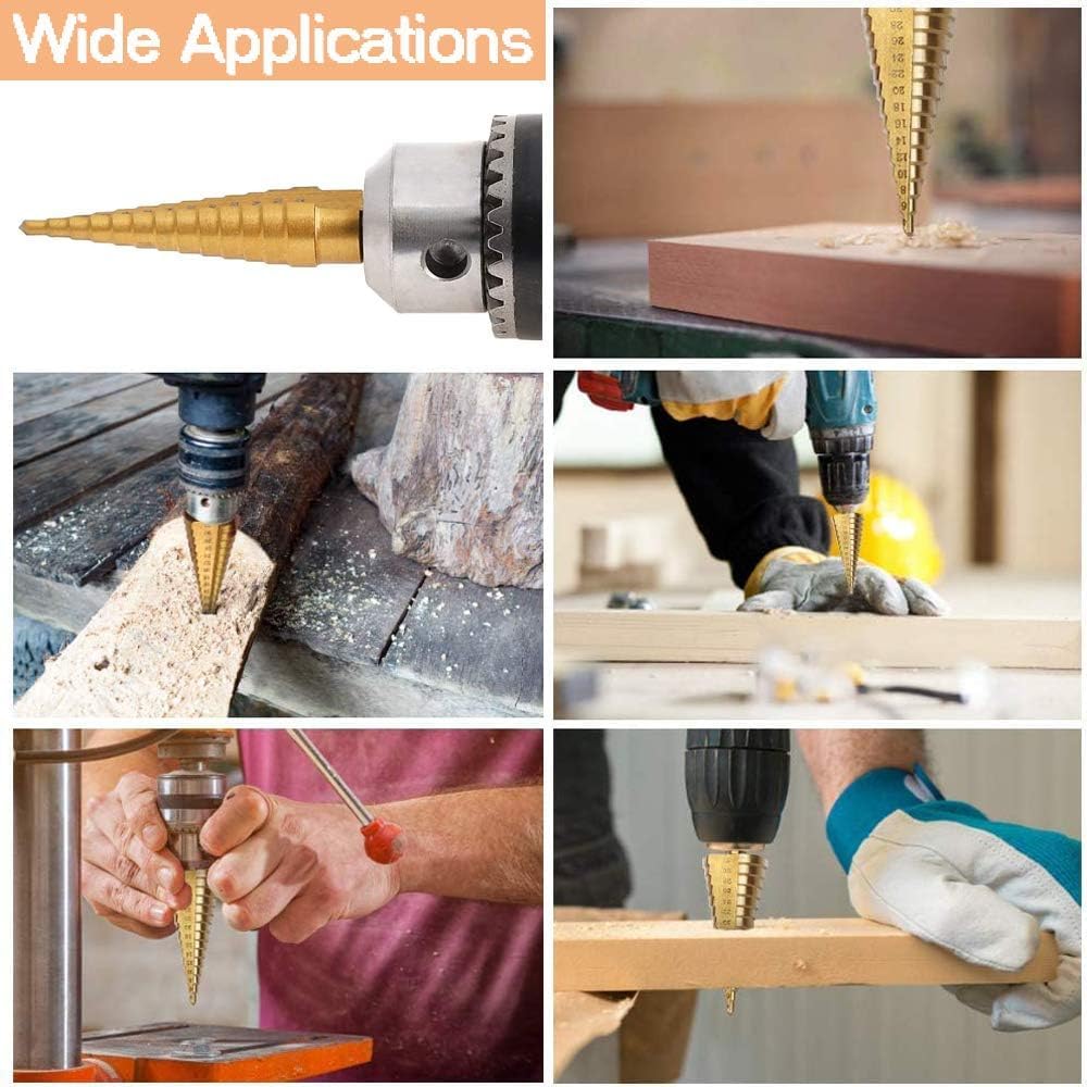 HSS Step Drill Bits Set, Bst4UDirect 4 PCS High Speed Steel Titanium Coated Cone Drill Bits Hole Cutter for Wood, Stainless Steel, Sheet Metal