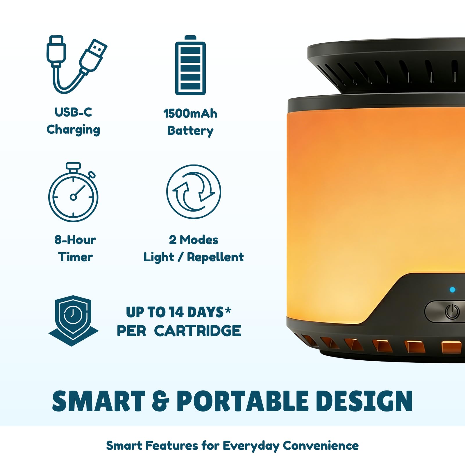 Répulsif anti-moustiques d'extérieur rechargeable avec système de cartouche botanique alimenté par ventilateur, lumière ambiante ambrée, batterie 1500 mAh, charge USB-C, 2 cartouches incluses