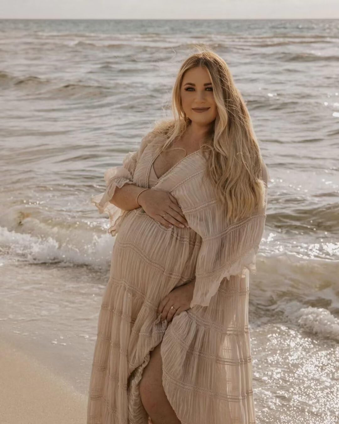 Tulle Maternity Robe for Photoshoot V Neck Long Sleeve Pregnancy Baby Shower Dress Puffy Slit Ruffle Bridal Lingerie - Image 5