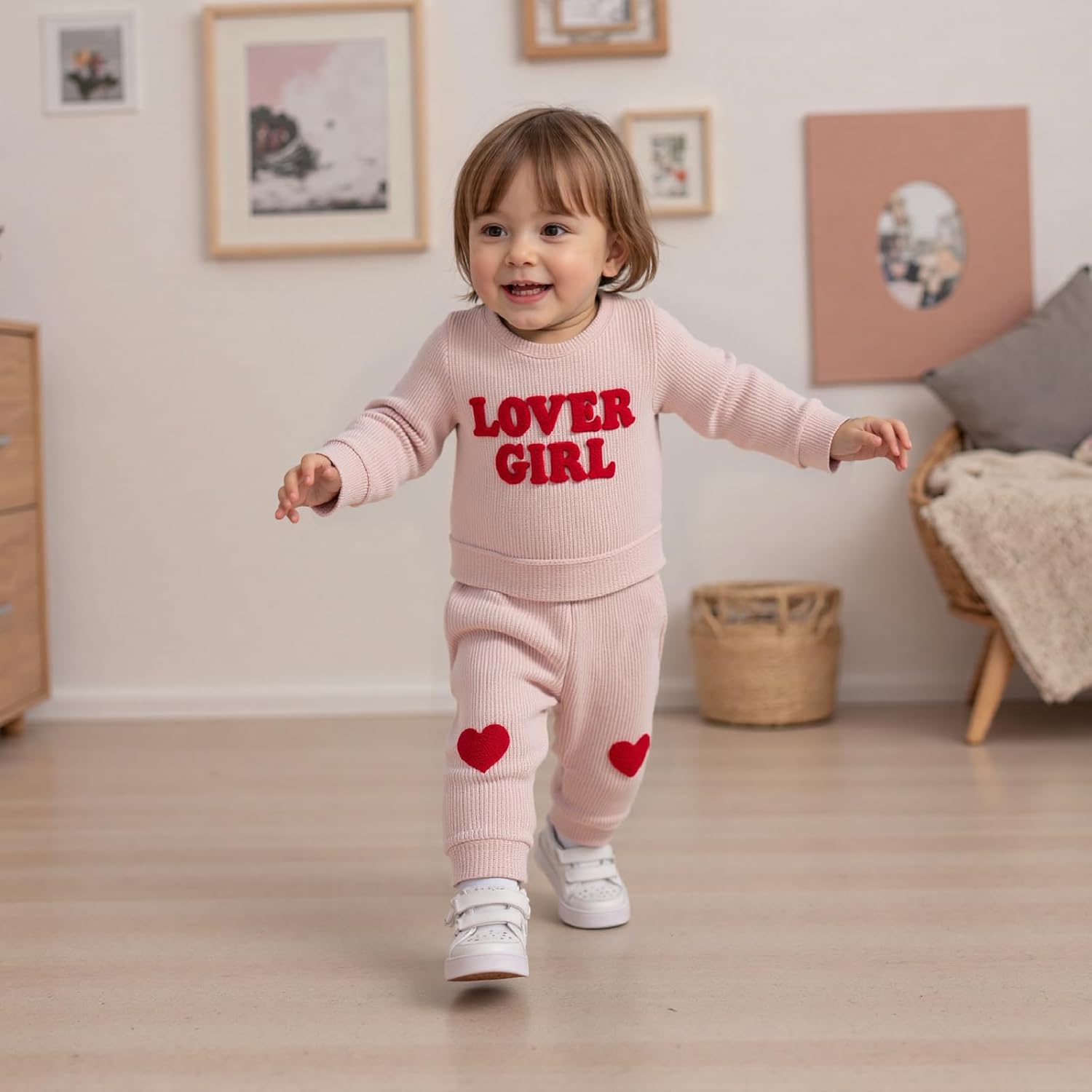 Karuedoo Toddler Baby Girl Valentines Day Outfits Lover Girl Embroidery Long Sleeve Waffle Knit Sweatshirt and Pants Set - Image 3