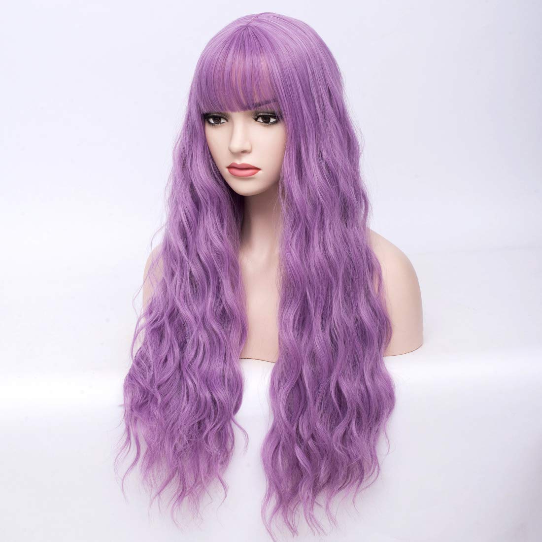 BERON 27 Inches Lavender Purple Wig Long Curly Purple Wig with Bangs for Women Fluffy Wavy Heat Resistant Synthetic Wigs (Lavender Purple)