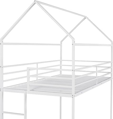 Miniatura 6 de GLORHOME Litera individual sobre individual, marco decorativo en forma de casa, con techo, escalera integrada y soporte de listones sólidos para