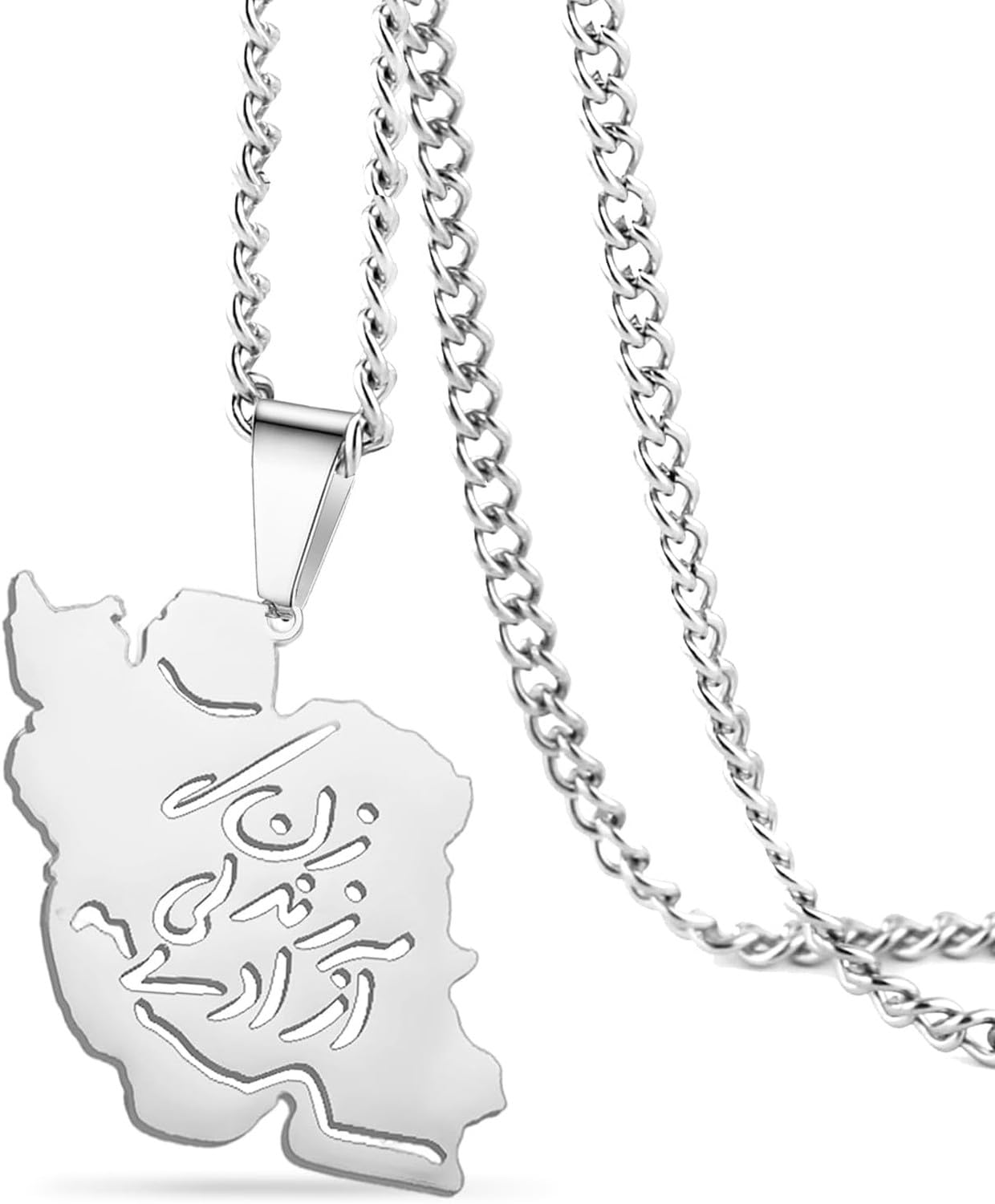 GIOFEOIK Iran Map Pendant Necklace with Dove Flag Colour CZ Stainless Steel Persian Patriotic Jewellery Gift for Women Men, silver 8