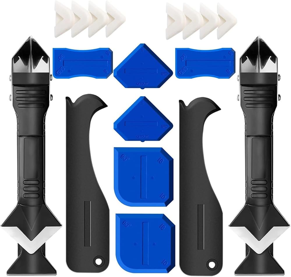 Silicone Caulking Tool Kit, 3 in 1 Caulk Remover Tool and Sealant Scraper with 5 Smoothing Pads, Caulk Finishing Tool for Bathroom, Kitchen, Window, Sink and Tile Seams(2 sets)