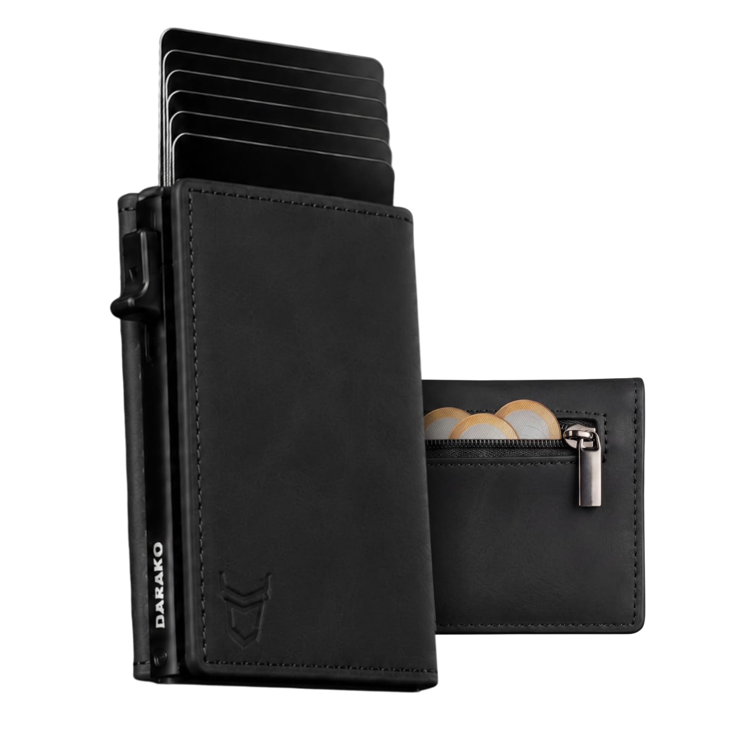 DARAKO Prime Wallet — Smart Wallet Herren mit Münzfach, 11 Karten + 15 Scheine, RFID Schutz, Mikrofaserleder + Aluminium — Slim Geldbörse Geldbeutel Portemonnaie Kartenetui (Designer-Schwarz)