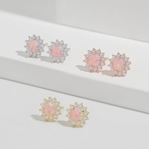 Miniatura 4 de Aretes de ópalo de fuego blanco de 0.177 x 0.177 in, delicados aretes redondos de ópalo con piedra natal de octubre, aretes de ópalo delicados