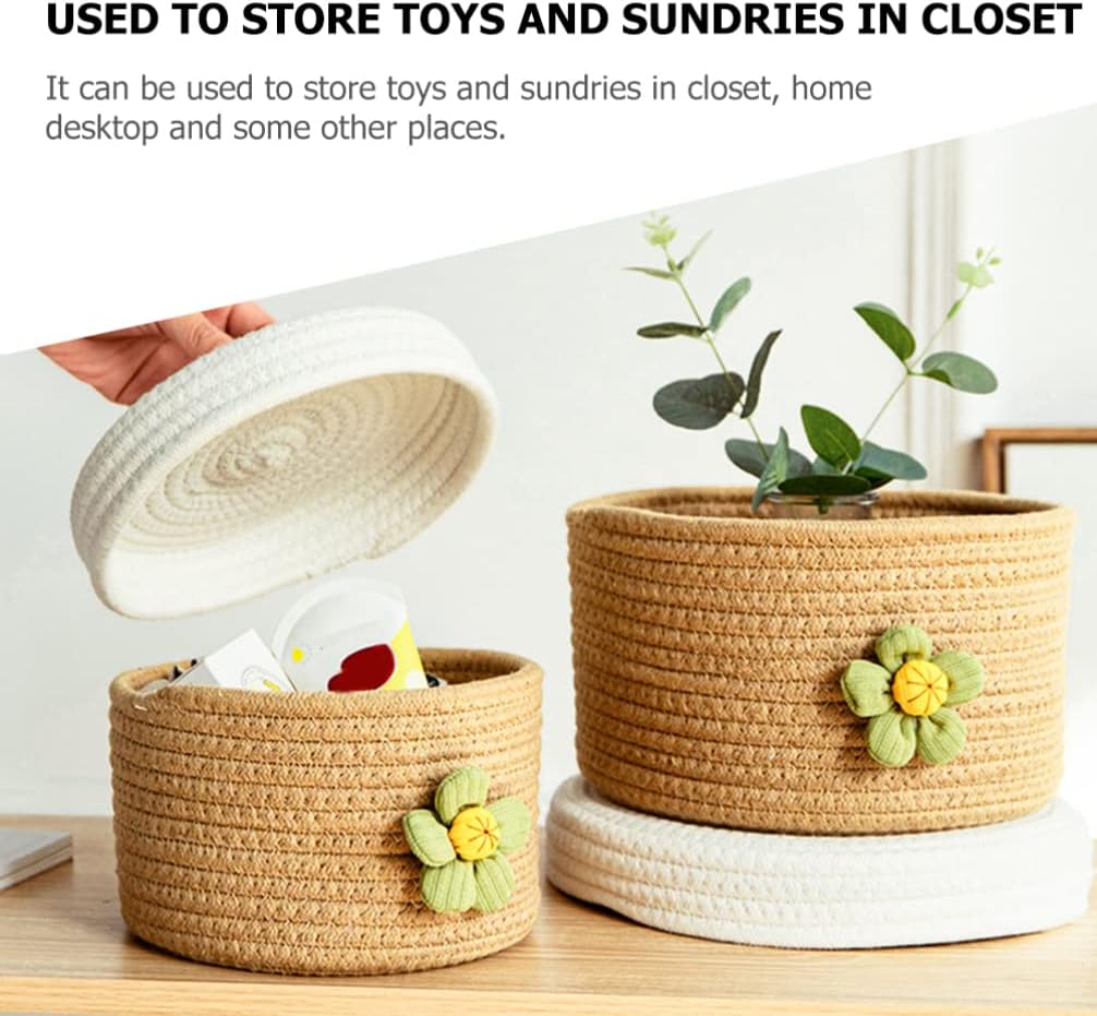 Zerodeko Lidded Cotton Rope Storage Basket Small Woven Organizer for Toys Clothes and Home Decor Stylish Round Basket Lid for Dining Room and Living Room Use