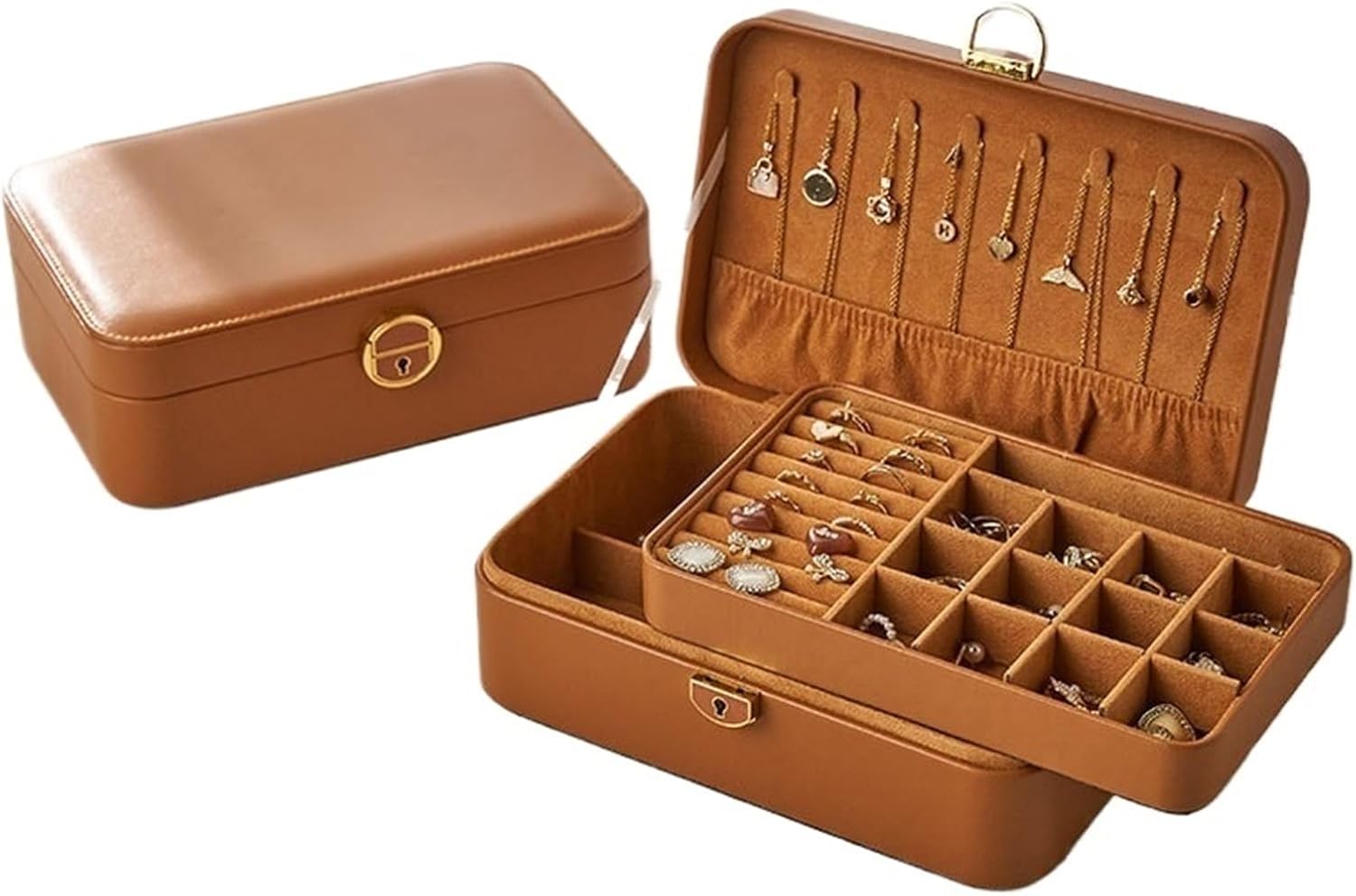 PU Leather Double Layer Storage Box with Lock, Large Capacity Organizer for Necklaces and Bracelets(Color2)