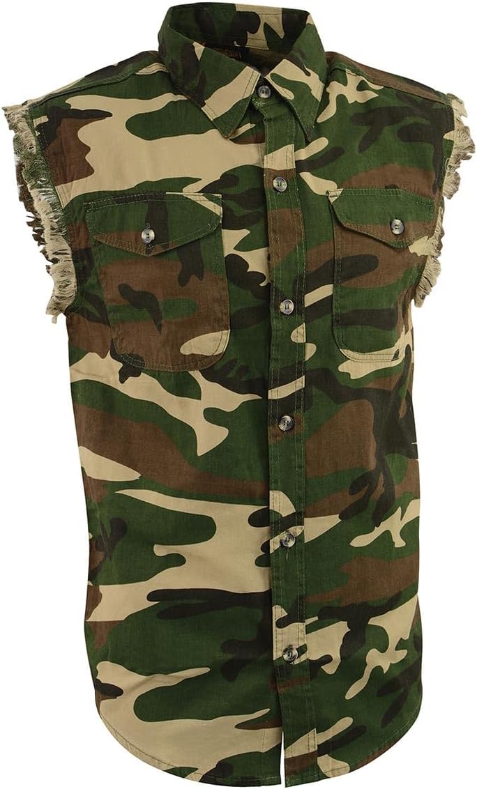 DM4010 Men's Camo Lightweight Denim Shirt with Vintage and Frayed Sleeveless Look