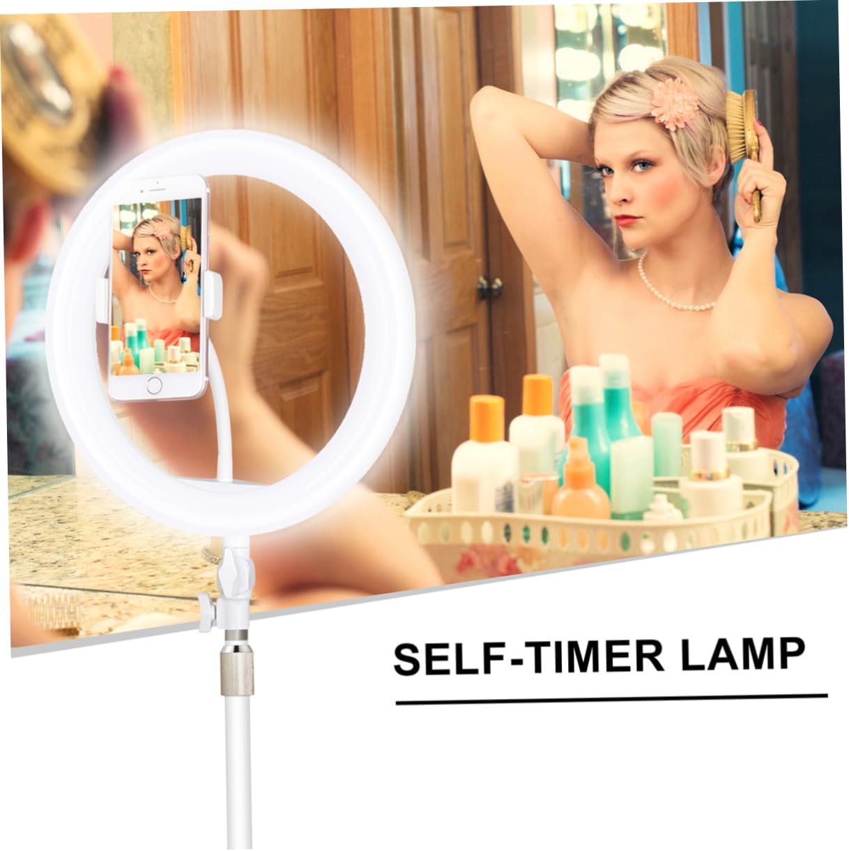Housoutil 1pc Led Light Phone Holder Desktop Dimmable Beauty Lamp for Makeup Video Recording and Live Streaming White