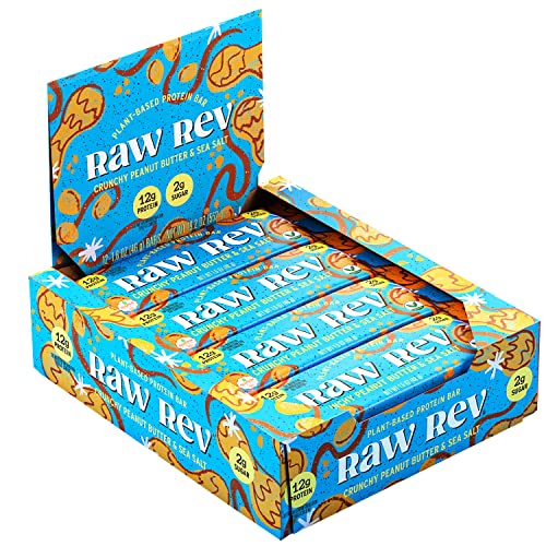 Raw Rev Vegan High-Protein Bars, Crunchy Peanut Butter & Sea Salt, 12g Plant Protein, 12g Fiber, 1.6 Oz, 12 Count