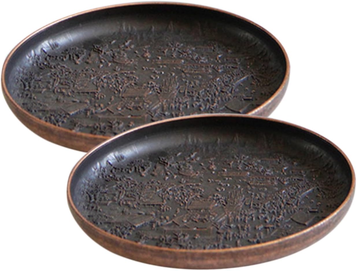 2Pcs Retro Copper Tea Saucers Elegant Water Cup Holders Stylish Teacup Coasters for Tearooms Living Spaces Easy to Clean Design