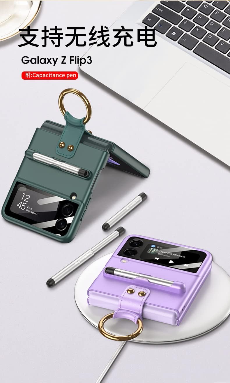 Coque Galaxy Z Flip 3 Case, Phone Case with All Included Shell Film with Ring Stand|Needle|Pen Holder, Folding Case for Samsung Galaxy Z Flip 3 5G-Black