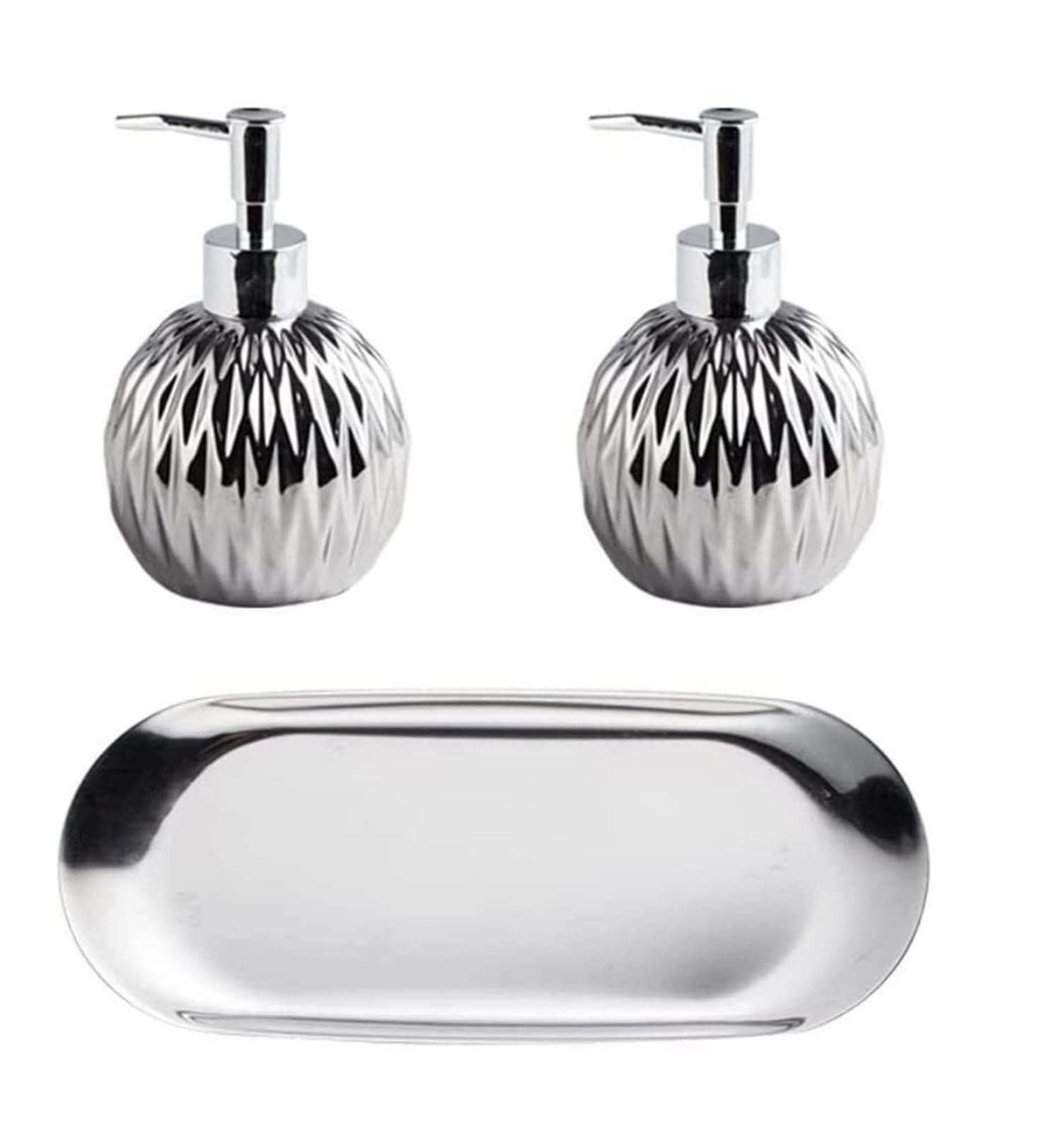 Set di accessori per il bagno Dispenser di sapone in ceramica forma rotonda for lozione da 400 ml/13,5 oz, decorazione bagno in stile costiero Arredamento per gli affittuari(Silver,3 piece set)