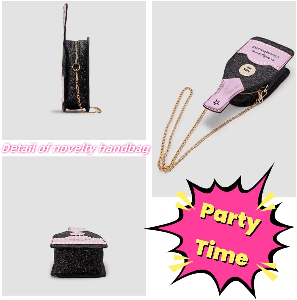Novelty Champagne Bottle Bag,Fun Shape Purse Chainstrap Glitter,Fun Party Crossbody Bag for Women.