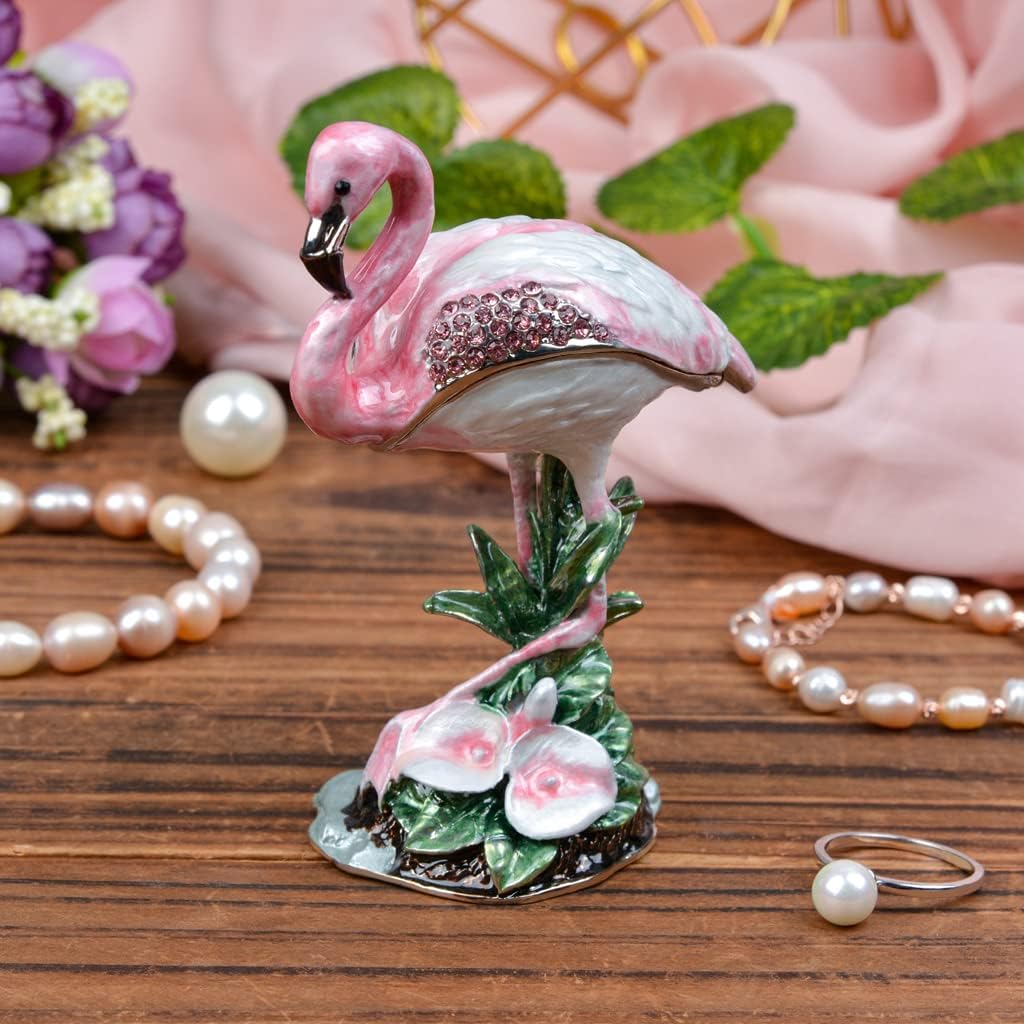 Crystal Flamingo Trinket Box with Silver Jeweled Enamel Design, Elegant Home Decor & Unique Gift for Women, Bridal Shower, Wedding, or Anniversary