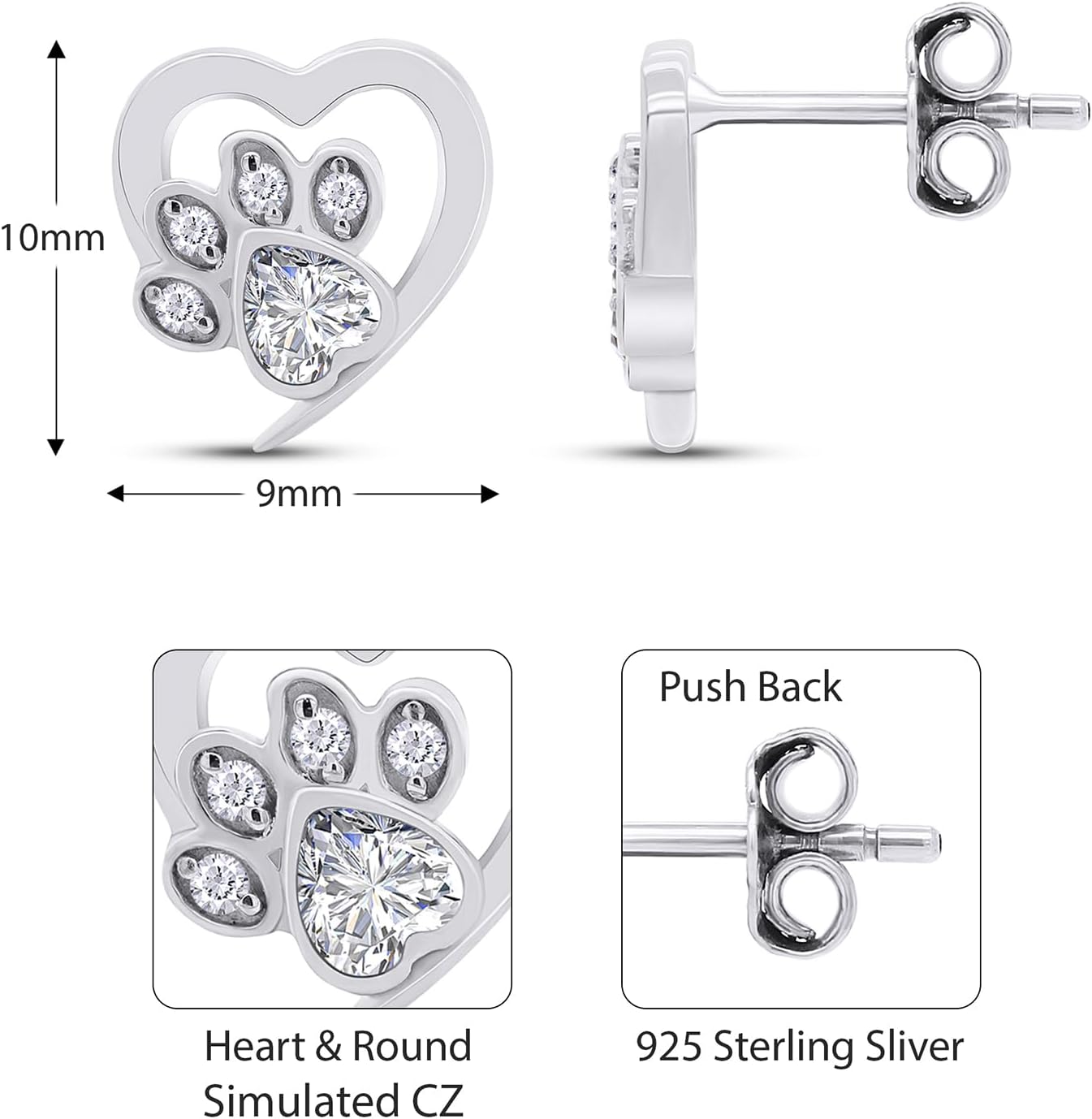 Cat Paw Print Heart Stud Earrings for Women Center 3MM Simulated Birthstone with White CZ Gemstone Studs in 14K Gold Plated 925 Sterling Silver Minimalist Dainty Jewelry Gift for Her - Image 2