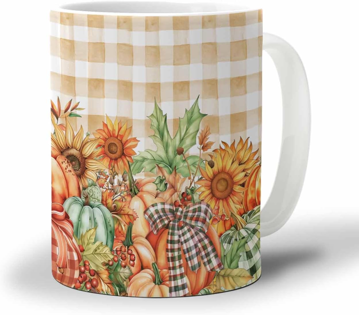 BEMIGO Ceramic Coffee Mug Fall Plaid Pumpkin Ceramic Mug White Cup, Floral Watercolor Insulated Coffee Cup with Handle with Pattern Perfect for Tea and Hot Beverages, 12oz