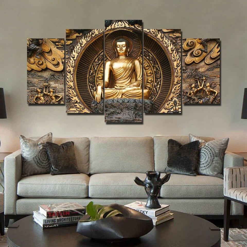 Statue de Bouddha en or grand tableau cuisine et salon zen contemporain