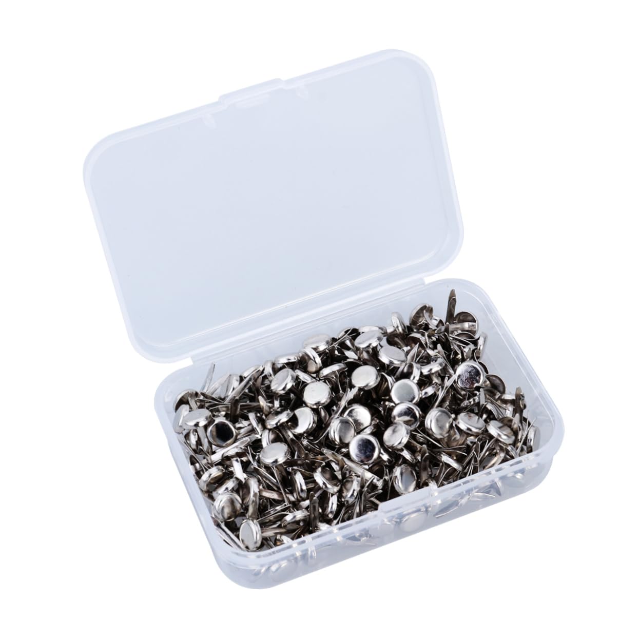 CIMAXIC 200Pcs Silver Metal Paper Fasteners Brass Plated Round Brads for Crafts DIY Portable Storage Box Included for Easy Organization and Use