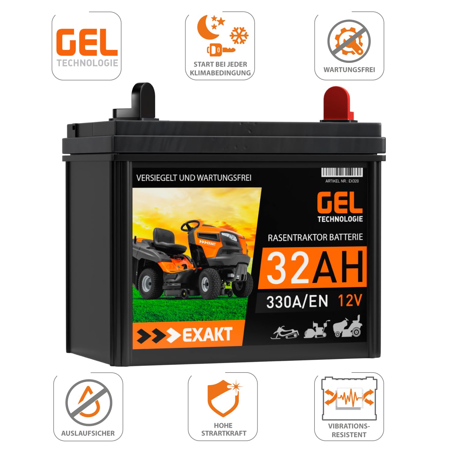 EXAKT Rasentraktor Batterie 12V 32Ah GEL Batterie Plus Pol Rechts Aufsitzmäher Rasenmäher Starterbatterie ersetzt AGM 24Ah 26Ah 28Ah 30Ah